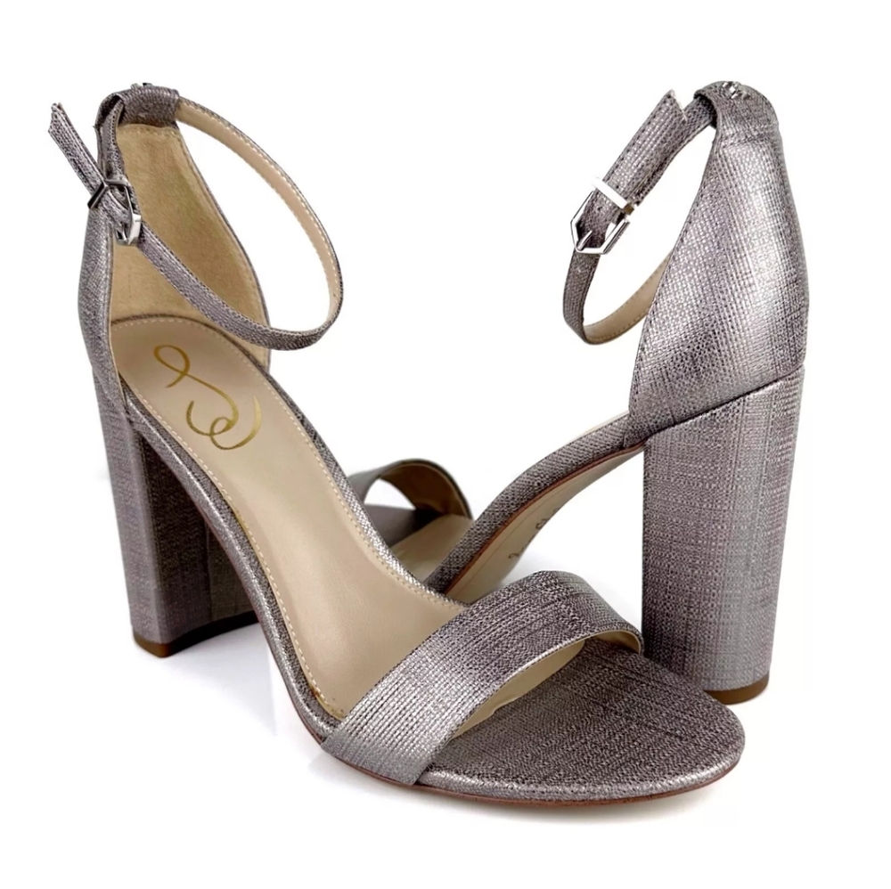 Sam Edelman Women's Yaro Ankle Strap Block Heel Sandals Metallic Gray Size 8